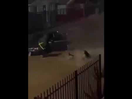 VIDEO | Mujer es empujada al agua tras pasar repetidas veces con su auto por lugar inundado en Coronel