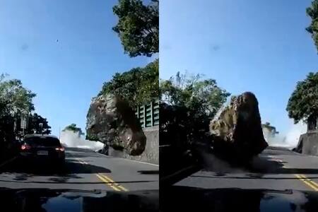 VIDEO | Gigantesca roca impactó a un vehículo en plena carretera durante el terremoto en Taiwán