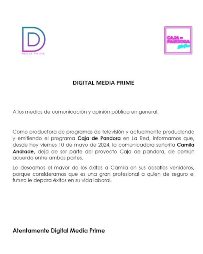 Con este comunicado de Digital Media Prime se anunció públicamente el despido de Camila Andrade de "Caja de Pandora"