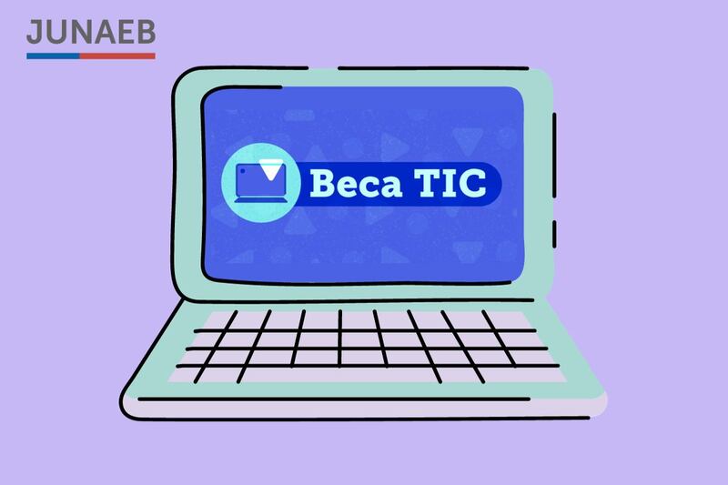 Dibujo de un computador (notebook) con el logo de las Becas TIC en la pantalla. Logo de Junaeb en la esquina superior izquierda de la imagen.