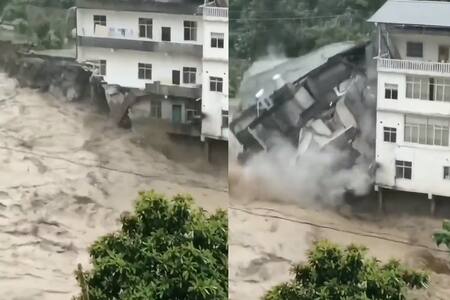 VIDEO | Edificio colapsa por inundaciones en China