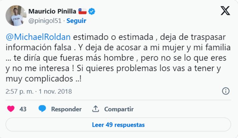 Mauricio Pinilla en Twitter contra Michael Roldán