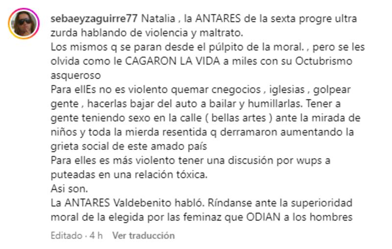 Esta es la publicación de Sebastián Eyzaguirre en donde se descarga en contra de Ntalia Valdebenito y sus seguidores