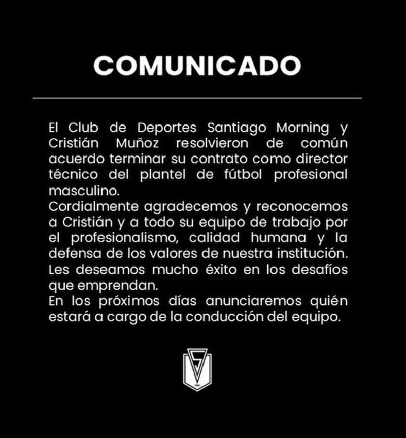 Comunicado de prensa del club Santiago Morning en el que informaron la salida del entrenador Cristián Muñoz.